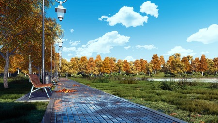 Wet after rain pavement walkway with empty benches, colorful fall trees and fallen autumn leaves in a city park at calm sunny day. With no people 3D illustration from my own 3D rendering file.の写真素材