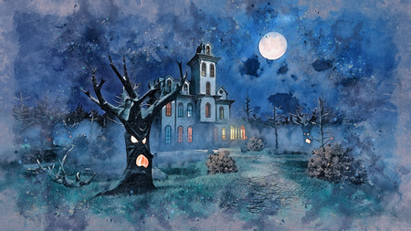 Watercolor sketch of old scary haunted mansion among fantastic creepy trees at misty night with big full moon in the sky. Gloomy grunge style digital illustration from my own 3D rendering file.の写真素材
