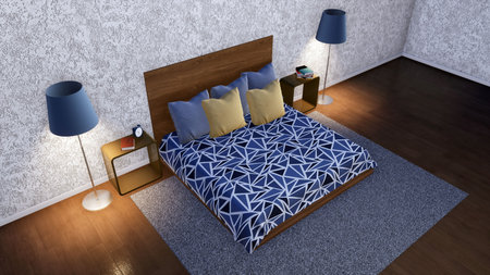 High angle view of modern minimalist bedroom interior with double bed, simple night table, floor...
