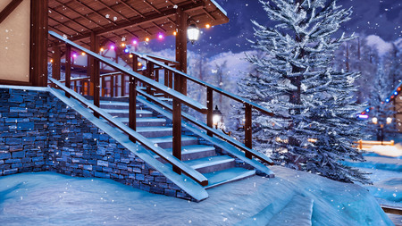 Snow covered steps on entrance to half-timbered rural house illuminated by christmas lights in snowbound alpine mountain village at snowfall winter night.の写真素材