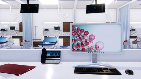 Close-up of empty nurses station workplace with computer screen and phone in emergency room of modern clinic. With no people 3D illustration on health care theme from my own 3D rendering file.の写真素材