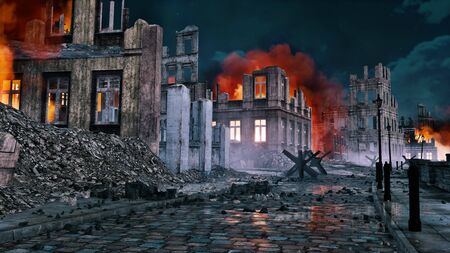 Empty street of destroyed after war old european city with burning building ruins and debris at night. With no people historical military 3D illustration from my own 3D rendering file.の写真素材