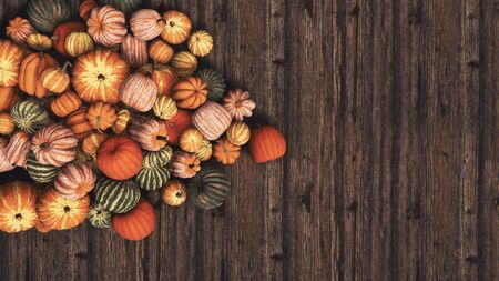Close-up top view of various colorful autumn pumpkins at farmerâs market on wooden background with copy space. Organic food and decoration for Halloween and Thanksgiving concept 3D illustration.の写真素材