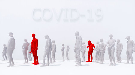 Two man infected with virus COVID-19 with a heat among crowd of unrecognizable people on white...