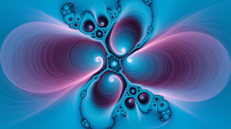 Digitally generated symmetric abstract fractal background with azure blue and pink whirls on dark...
