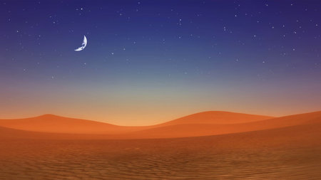 Peaceful sandy desert landscape with half moon and stars in clear night sky above massive sand dunes. With no people minimalist concept 3D illustration from my 3D rendering file.の写真素材