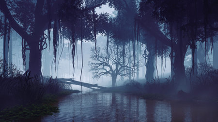 Calm swampy river among thickets of old creepy trees in a dark mysterious forest at misty dusk or...