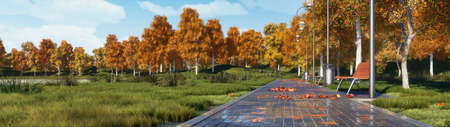 Panoramic autumn landscape - paved pedestrian walkway with empty benches and lush colorful trees in a city park at serene autumnal day. With no people 3D illustration from my own 3D rendering file.の写真素材