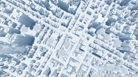 Top view of abstract modern city downtown looking as white architectural scale model with high rise building skyscrapers and empty street. Urban planning concept 3D illustration from my 3D rendering.の写真素材