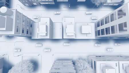 Top view of abstract modern city block looking as white architectural scale model with high rise buildings skyscrapers. With no people urban planning concept 3D illustration from my 3D rendering.の写真素材
