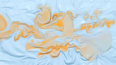 Abstract light blue artistic background with expressive flowing beige brushstroke blob and glossy flowing wave of liquid oil or acrylic painting. Decorative digital art illustration from 3D rendering.の写真素材
