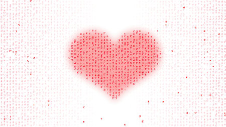 Gentle red heart shape symbol on white background forms by abstract digital binary code signs. Modern minimalist Valentines day graphic art concept illustration.の写真素材