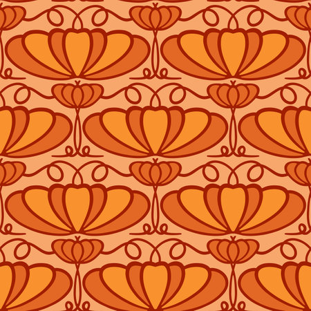 Cartoon orange red autumn pumpkins ornament on beige background seamless vector pattern. Decorative wallpaper texture autumnal colors digital art illustration for Thanksgiving.のイラスト素材