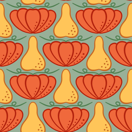 Colorful autumn pumpkins on pale green background seamless vector pattern. Fall season festive wallpaper texture design digital art illustration for Thanksgiving or Halloween.のイラスト素材