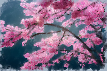 Expressive painting sketch of lush blooming japanese pink sakura cherry tree branch in full blossom close up. My own digital art illustration for spring season.の写真素材