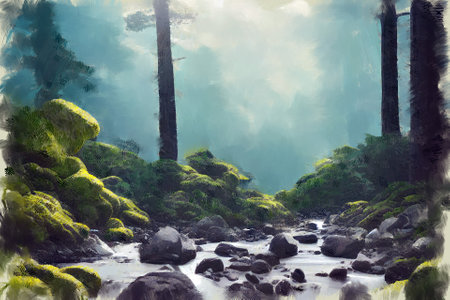 Picturesque expressive woodland landscape with river stream flow among rocks in deep forest thicket. My own digital art painting illustration.の写真素材