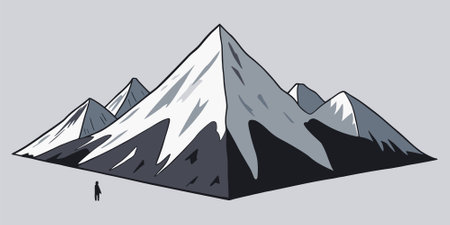 Cartoon black and white graphic vector illustration of abstract snowy mountain landscape with snowcapped triangular peaks and mount rangeのイラスト素材