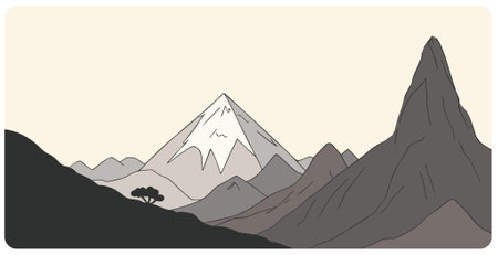 Hand drawn graphic vector illustration of abstract mountain landscape with snowcapped triangular peak and sharp mount range silhouettesのイラスト素材