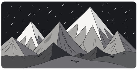 Simple flat black and white graphic vector illustration of abstract mountain landscape on alien planet with snowcapped peaks and mount range silhouettes against night skyのイラスト素材