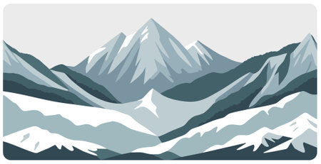 Flat graphic vector illustration of abstract snowy mountain landscape with snowcapped peak and sharp mount range. Simple decorative cartoon sketch.のイラスト素材