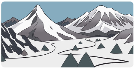 Simple flat graphic vector illustration of abstract snowy mountain landscape with snow capped peaks and mount range at winter dayのイラスト素材