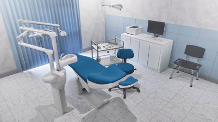 Empty interior of bright dentist clinic with dental unit - comfortable chair and medical instruments. Dentistry operating surgery with modern equipment. With no people 3D illustration from my own 3D render.の写真素材