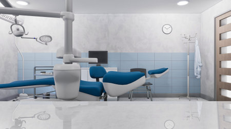 Empty interior of clean medical clinic office with dentist workplace - dental unit, comfortable chair and tools. Dentistry operating surgery room with modern equipment. With no people 3D illustration.の写真素材