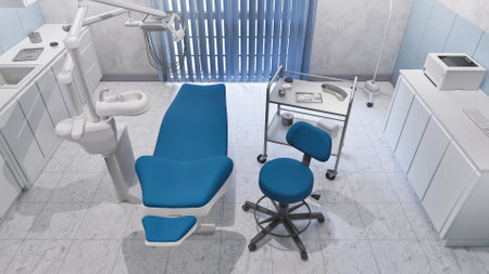High angle view of empty dentist workplace - dental unit, chair and tools in bright interior of medical clinic office. Dentistry surgery room with modern equipment. With no people 3D illustration.の写真素材