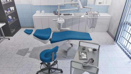 Empty dentist workplace - dental unit, chair and tools in bright clean interior of medical clinic office. Dentistry surgery room with modern equipment. With no people 3D illustration from my 3D renderの写真素材