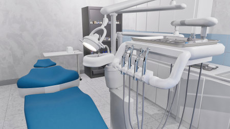 Close up shot of modern dental equipment and tools in empty interior of bright clean dentist clinic office. Minimalistic dentistry operating surgery room. With no people 3D illustration from my renderの写真素材