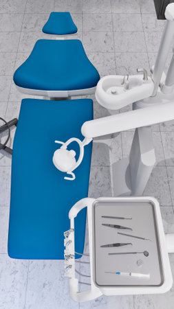 Top view of empty dentist workplace - dental unit, comfortable chair and tools in bright medical clinic office interior. Dentistry surgery room with modern equipment 3D illustration from my rendering.の写真素材