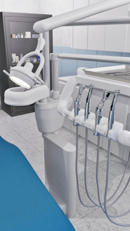 Close-up vertical shot of modern dentist equipment and tools in empty interior clean dental clinic office. Minimalistic dentistry operating surgery room. With no people 3D illustration from my render.の写真素材
