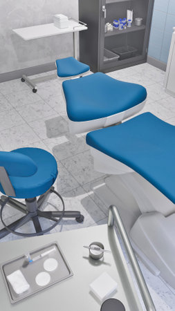 Empty dentist workplace - dental unit, comfortable chair and tools in bright clean interior of medical clinic office. Dentistry surgery room with modern equipment. With no people 3D illustration.の写真素材