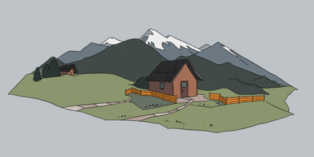 Flat vector illustration sketch of abstract mountain landscape with cozy log cabin on green foothills and snow capped mount peaks.のイラスト素材