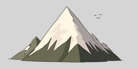 Flat cartoon graphic vector illustration of abstract mountain landscape with snowy triangular mount peak isolated on gray background. Simple flat sketch element for tourism conceptのイラスト素材