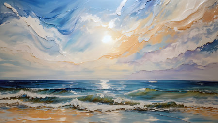 Vibrant textured oil painting sketch abstract seascape with sea waves rolling on beach. Modern AI generated impressionist digital art illustration in palette knife style.の素材