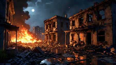 Burning building ruins and debris of abandoned city destroyed after the World War 2 bombing on empty street at night. With no people illustration on war assault and disaster theme.の素材