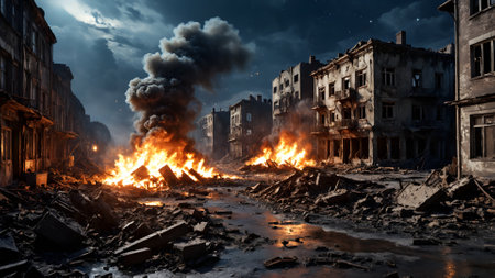 Destroyed after air strike bombing of WWII ruined city with burning building ruins on empty street at night. With no people historic illustration on war assault and calamity theme.の素材
