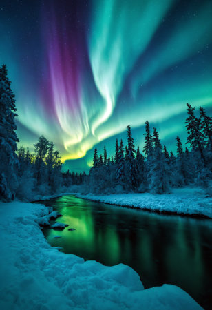 Snow covered fir forest under night sky with Northern Lights Aurora Borealis reflected in frozen river at polar nighttime. With no people arctic winter landscape 3D illustration.の素材