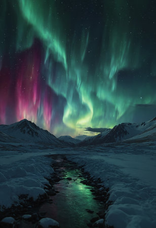Northern Lights Aurora Borealis in dramatic night sky over desolate snowy mountains and frozen river at polar nighttime. No people serene nordic winter landscape 3D illustration.の素材