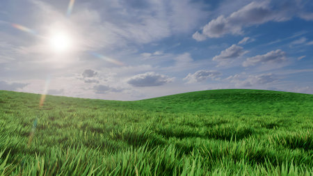 Lush fresh green grass on empty field under blue cloudy sky at sunny spring day. With no people springtime or summer natural background 3D illustration from my own 3D render.の写真素材