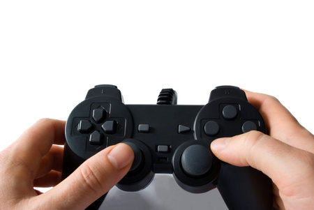 time for videogames,  playing with a joypad on white background