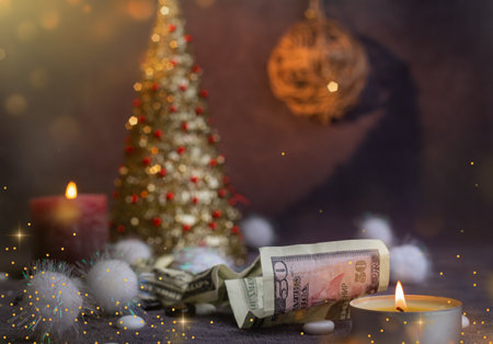 christmas decorated with candles bright christmas balls 2023 new year moneyの写真素材