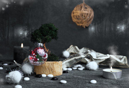 christmas decorated with candles bright background 2023 new year money dollarsの写真素材