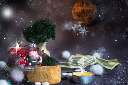 christmas decorated with candles bright snow christmas balls 2023 new yearの写真素材