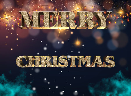 Gold Christmas and New Year Typographical , light, stars. Merry Christmas card. Illustration. Merry Christmas and Happy New Year lettering template. Greeting card invitation with golden snowflakの写真素材