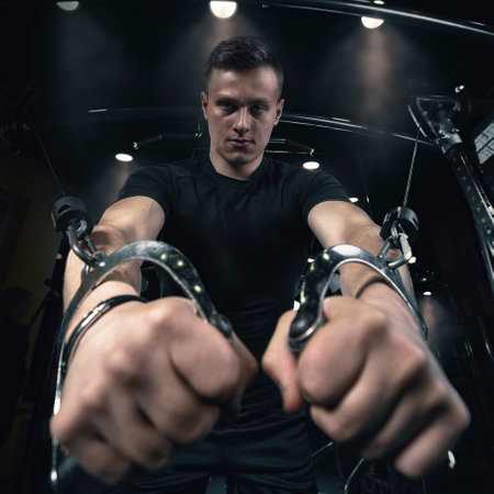 guy athlete bodybuilding doing sports in the gym pulling rope with two hands heavy weight and strong guy fitness creative photo. High quality photoの写真素材