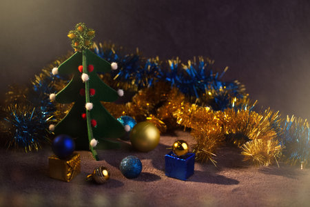 yellow blue toys new year flag patriot on a tree branch beautiful creative decoration. High quality photoの写真素材