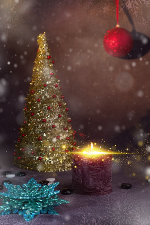 new year holiday toys christmas tree decorative candle shine creative photo cozy background . High quality photoの写真素材