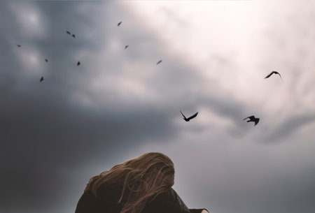 girl teenager student lonely upset by the sky with birds thinks about a difficult life tragedy. High quality photoの写真素材